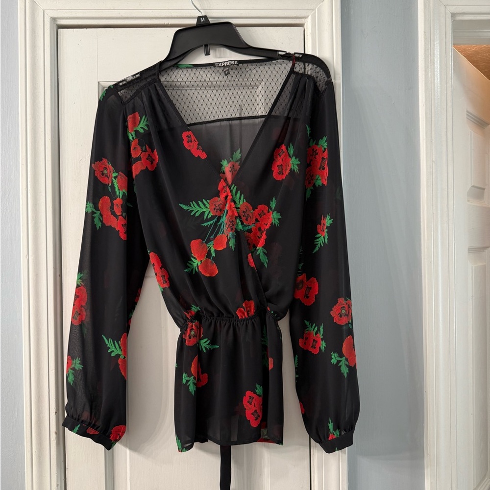 Express Floral Black and Red Women's Top